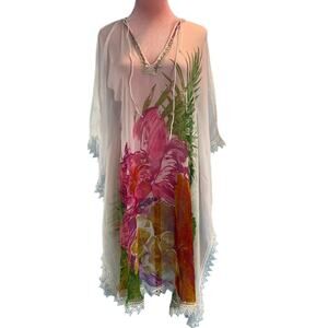 NWT NAILA Cover-Up Poolside Cruise Resort Wear Sequins Lace Trim Sheer Floral L